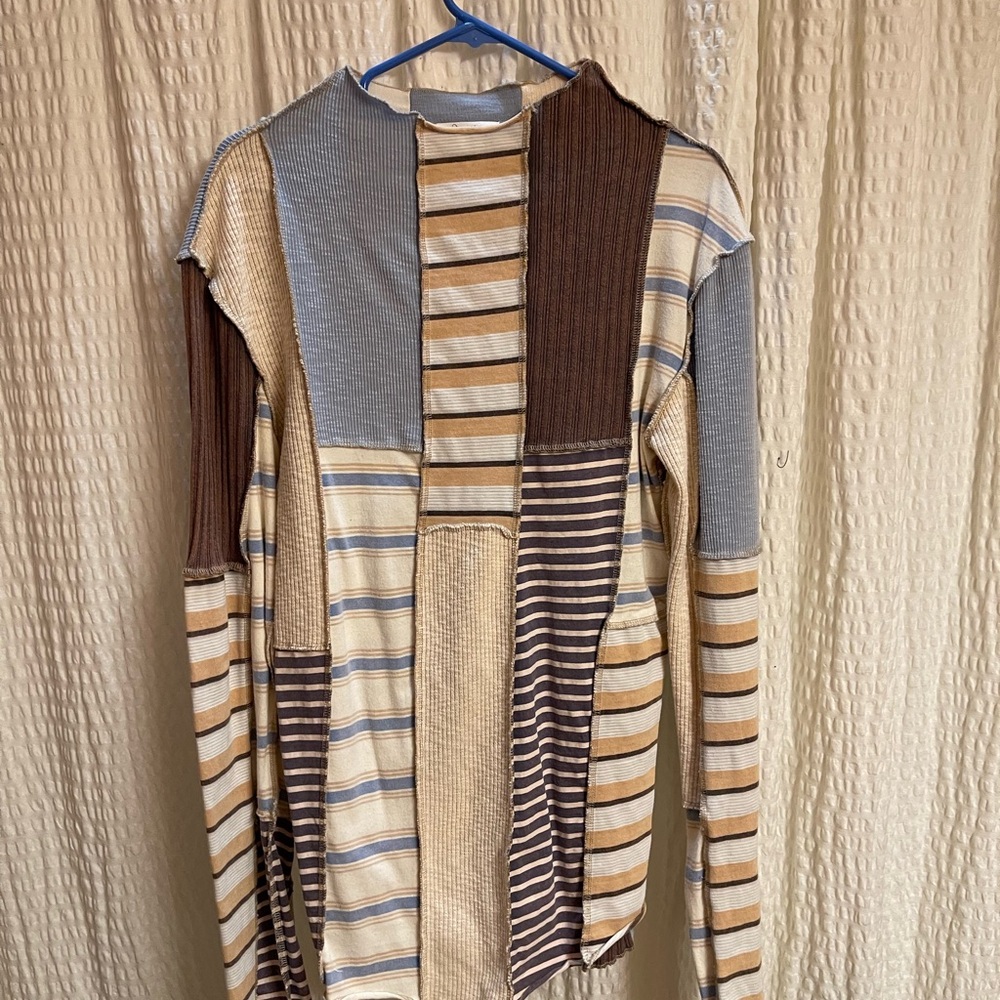 Oli & Hali Mixed Patchwork Long Sleeve Top in Cream, Brown & Light Blue